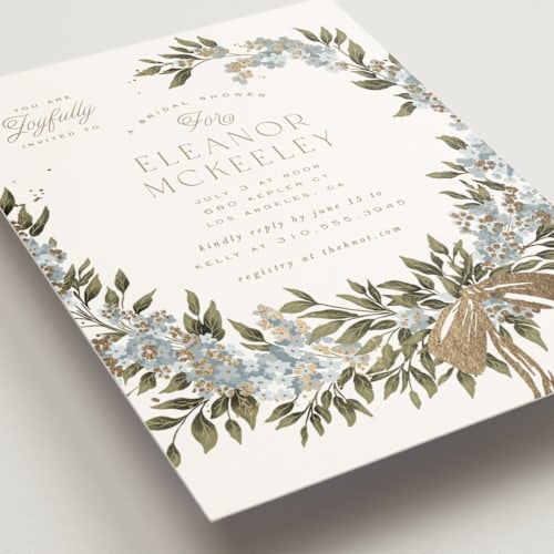 This is a bluebell bridal shower invitations with foil pressed by Leah Bisch called ribbon wreath printing on signature in standard
