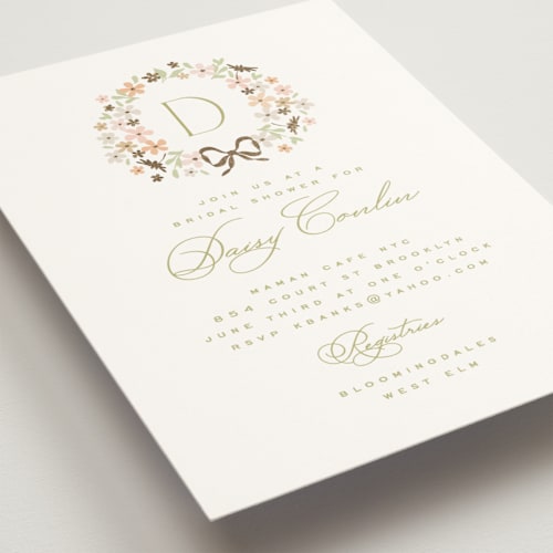 This is a leaf bridal shower invitations with foil pressed by Kristie Kern called garden monogram printing on signature in standard