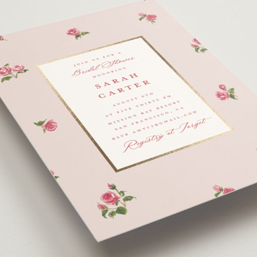 This is a blush bridal shower invitations with foil pressed by Teju Reval called romantic roses printing on signature in standard