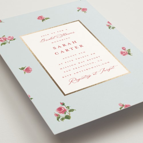 This is a sky bridal shower invitations with foil pressed by Teju Reval called romantic roses printing on signature in standard