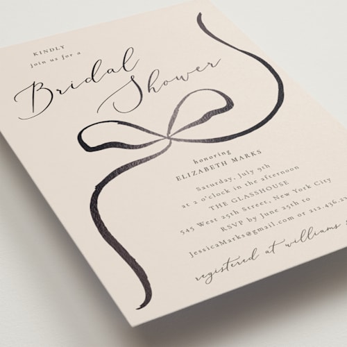 This is a tuxedo bridal shower invitations with foil pressed by Corinne Malesic called bow printing on signature in standard