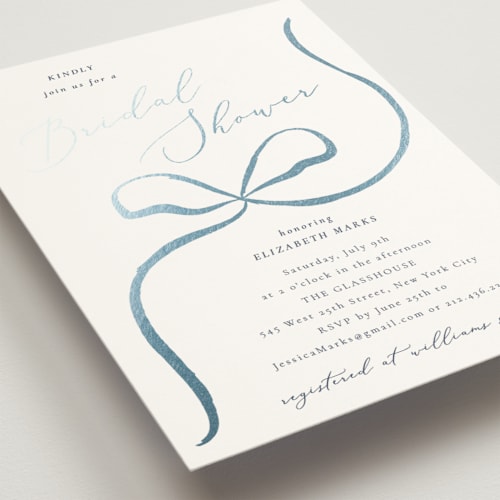 This is a dusty blue bridal shower invitations with foil pressed by Corinne Malesic called bow printing on signature in standard