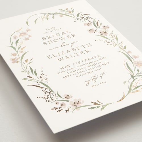 This is a spring mist bridal shower invitations with foil pressed by Erin L. Wilson called meadow printing on signature in standard