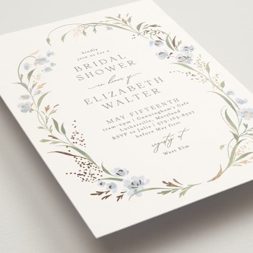 This is a blue bonnet bridal shower invitations with foil pressed by Erin L. Wilson called meadow printing on signature in standard