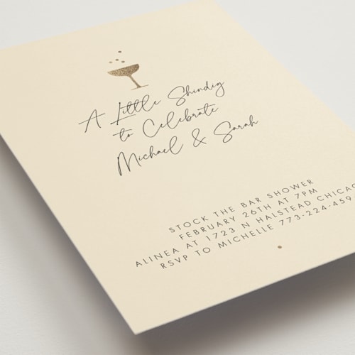 This is a champagne bridal shower invitations with foil pressed by mo kelley called a little shindig printing on signature in standard