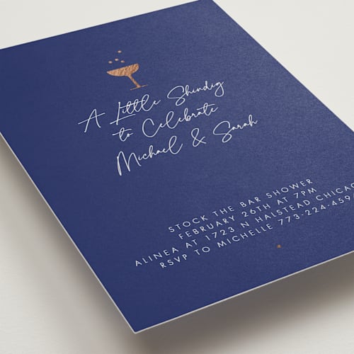 This is a royal blue bridal shower invitations with foil pressed by mo kelley called a little shindig printing on signature in standard