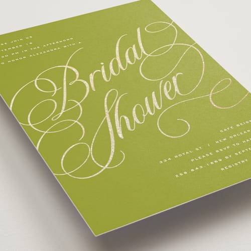 This is a chartreuse bridal shower invitations with foil pressed by Stacy Maalouf called bridal shower script printing on signature in standard