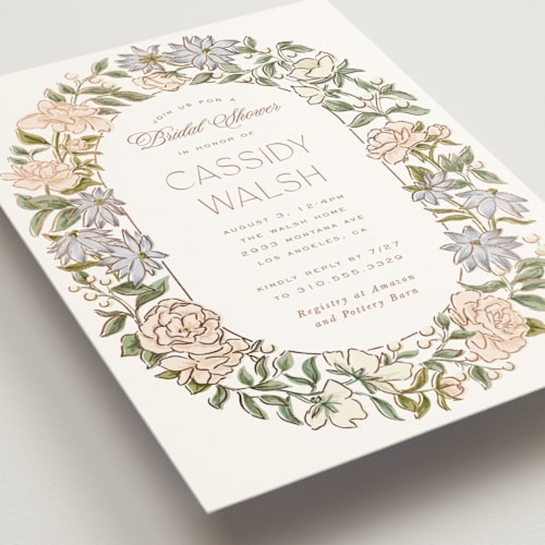 This is a neopolitan bridal shower invitations with foil pressed by Leah Bisch called oval wreath printing on signature in standard