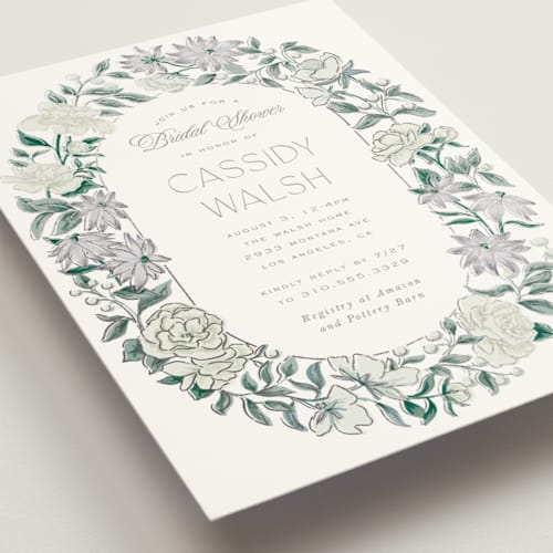 This is a peacock bridal shower invitations with foil pressed by Leah Bisch called oval wreath printing on signature in standard