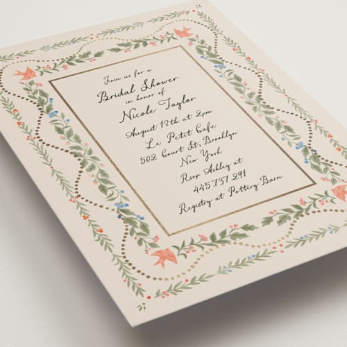 This is a garden bridal shower invitations with foil pressed by Elly called birdsong printing on signature in standard
