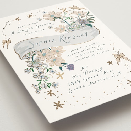 This is a frost bridal shower invitations with foil pressed by Leah Bisch called flowers and ribbon printing on signature in standard