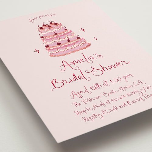 This is a blush bridal shower invitations with standard by Cass Loh called vintage wedding cake printing on signature in standard