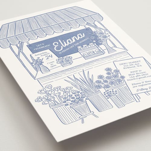 This is a bluebird bridal shower invitations with standard by Carolyn Kach called fresh off the market printing on signature in standard