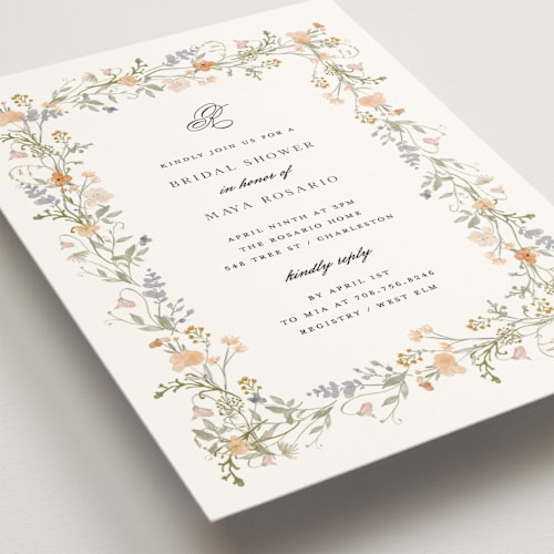 This is a apricot bridal shower invitations with standard by Lori Wemple called floral frame printing on signature in standard