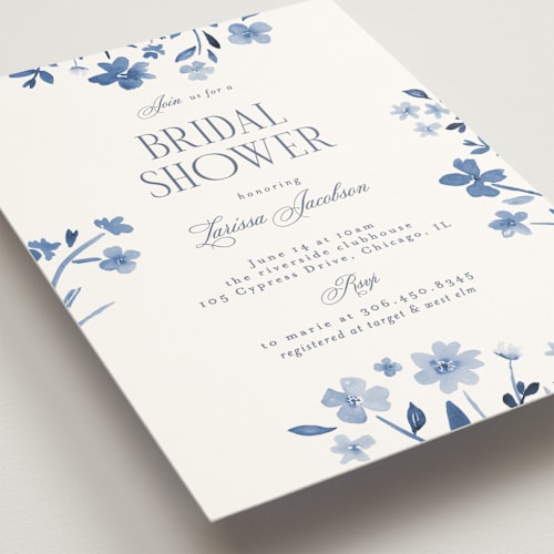 This is a cerulean bridal shower invitations with standard by Nicole Walsh called garden printing on signature in standard