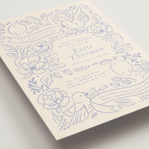 This is a porcelain bridal shower invitations with standard by Rebecca Smith called love birds printing on signature in standard