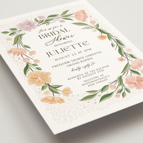 This is a petal bridal shower invitations with standard by Paper Sun Studio called flower shower surround printing on signature in standard