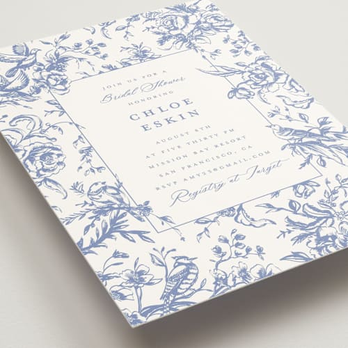 This is a blueberry bridal shower invitations with standard by Teju Reval called dreamy toile printing on signature in standard