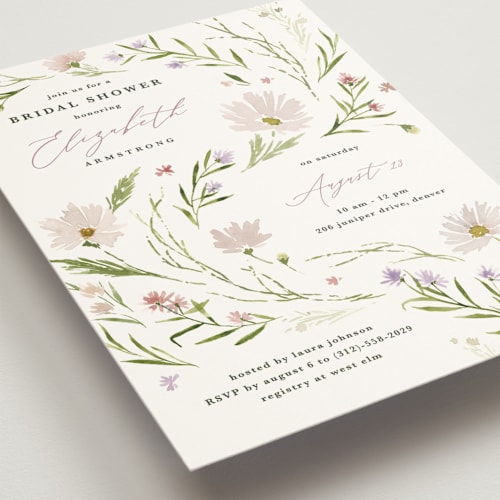 This is a blush bridal shower invitations with standard by Kate Ahn called daisy chain printing on signature in standard
