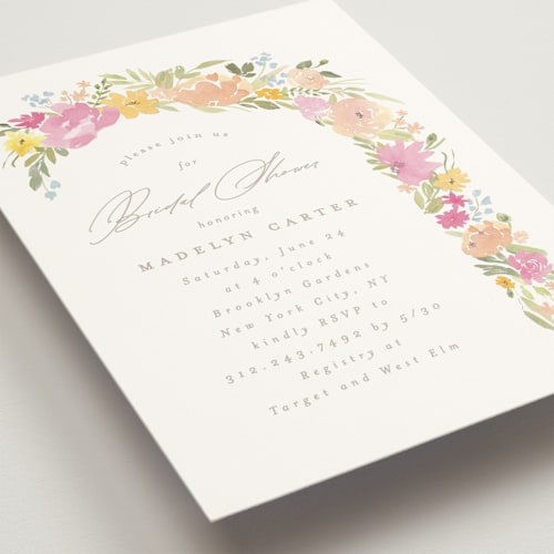 This is a peony bridal shower invitations with standard by Creo Study called blooming arch printing on signature in standard