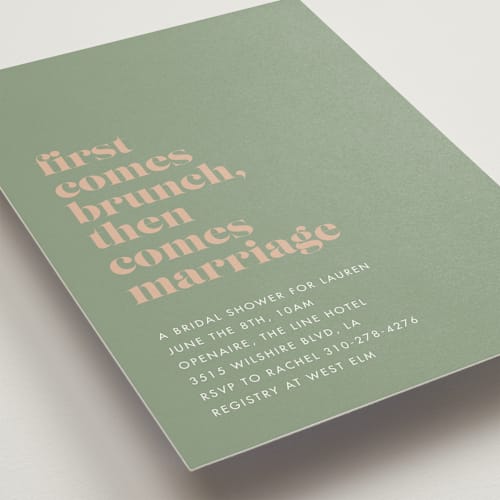 This is a sage bridal shower invitations with standard by mo kelley called first comes brunch printing on signature in standard