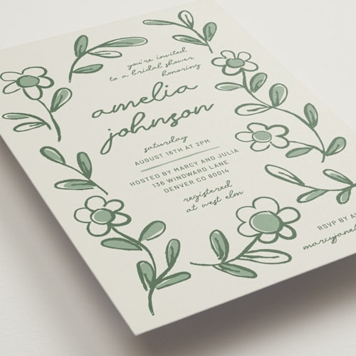 This is a sage bridal shower invitations with standard by Kelly Watkins called blooming printing on signature in standard