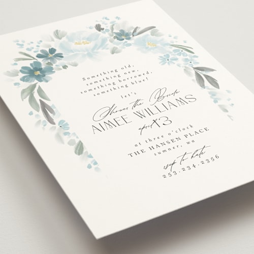 This is a bluebelle bridal shower invitations with standard by Itsy Belle Studio called something blue printing on signature in standard