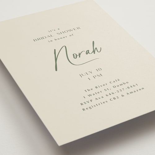 This is a avocado bridal shower invitations with standard by Ana Sharpe called modern script printing on signature in standard
