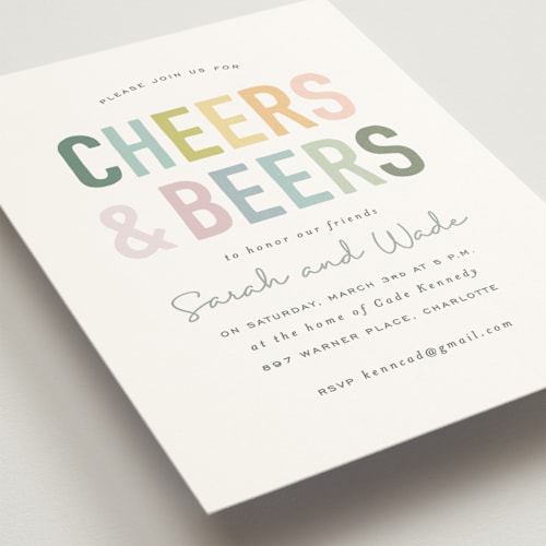 This is a rainbow bridal shower invitations with standard by Sara Hicks Malone called cheers and beers printing on signature in standard