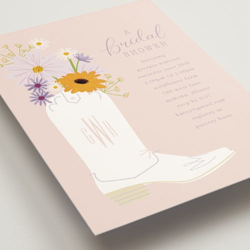 This is a peony bridal shower invitations with standard by Baumbirdy called bridal boots printing on signature in standard