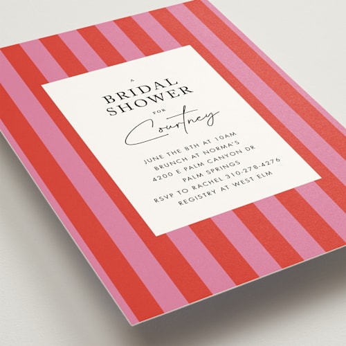 This is a strawberry bridal shower invitations with standard by mo kelley called bold stripes printing on signature in standard