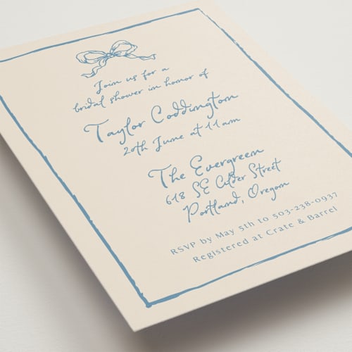 This is a dusty blue bridal shower invitations with standard by Cass Loh called ribbon bow drawing printing on signature in standard