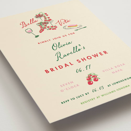 This is a pesto bridal shower invitations with standard by Sarah Rosenthal called bella vita printing on signature in standard
