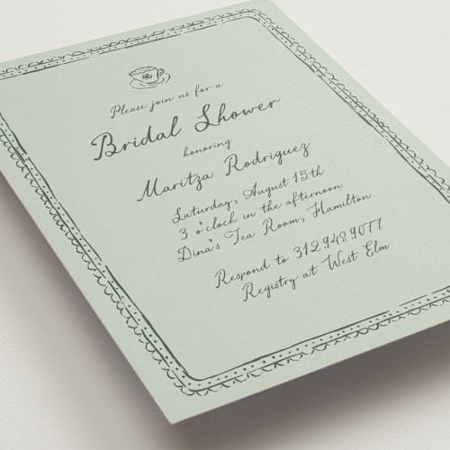 This is a mint bridal shower invitations with standard by Carmia Jordaan called tea cup doodle printing on signature in standard