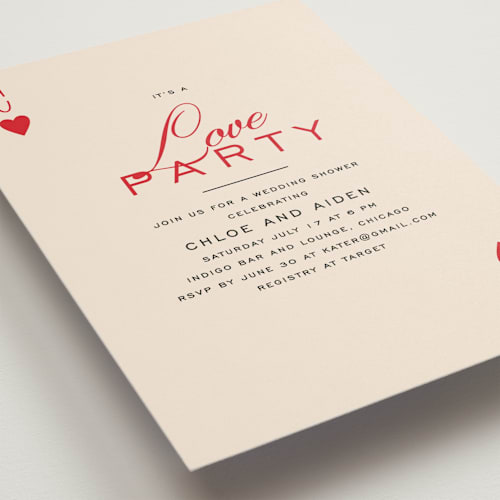 This is a crimson bridal shower invitations with standard by Creo Study called love party printing on signature in standard