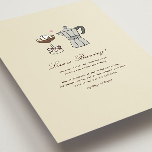 This is a cream bridal shower invitations with standard by Jennifer Lew called espresso printing on signature in standard