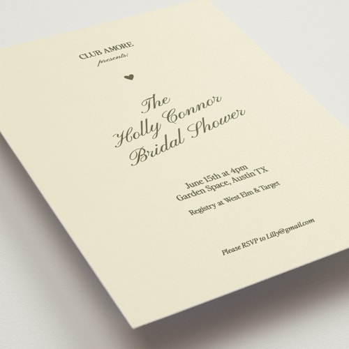 This is a olive bridal shower invitations with standard by Helena Vitto called club amore printing on signature in standard