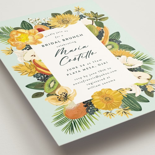 This is a mint bridal shower invitations with standard by Susan Moyal called tropical brunch printing on signature in standard