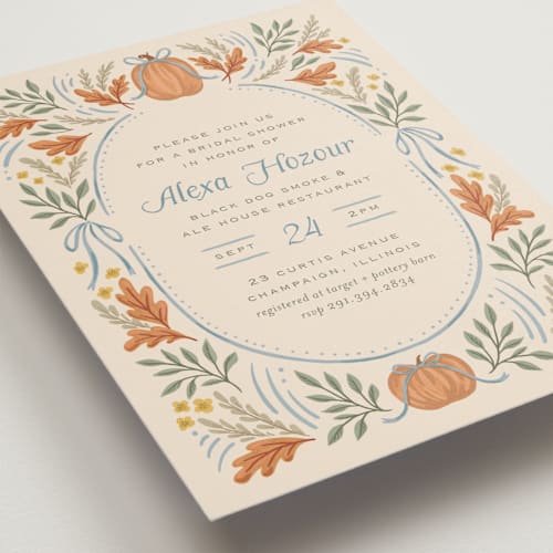 This is a cornflower bridal shower invitations with standard by Laura Hankins called pumpkins + bows printing on signature in standard