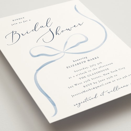 This is a dusty blue bridal shower invitations with standard by Corinne Malesic called bow printing on signature in standard