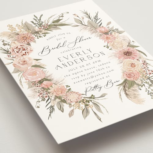 This is a blush bridal shower invitations with standard by Susan Moyal called boho botanical  printing on signature in standard