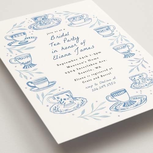 This is a periwinkle bridal shower invitations with standard by Alethea and Ruth called tea cup party printing on signature in standard