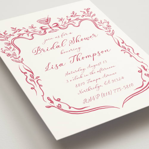 This is a cranberry bridal shower invitations with standard by Lucrecia Caporale called fun cocktails printing on signature in standard