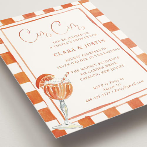 This is a tangerine bridal shower invitations with standard by West Foglia called cin cin spritz printing on signature in standard