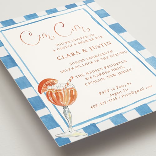 This is a powder blue bridal shower invitations with standard by West Foglia called cin cin spritz printing on signature in standard