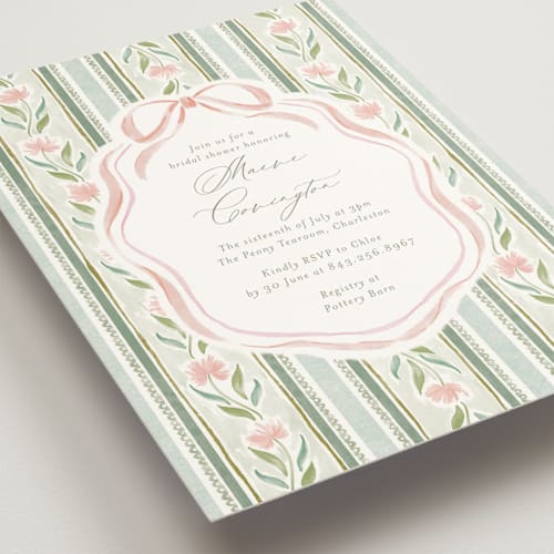 This is a moss bridal shower invitations with standard by Jackie Crawford called wildflower ribbon printing on signature in standard
