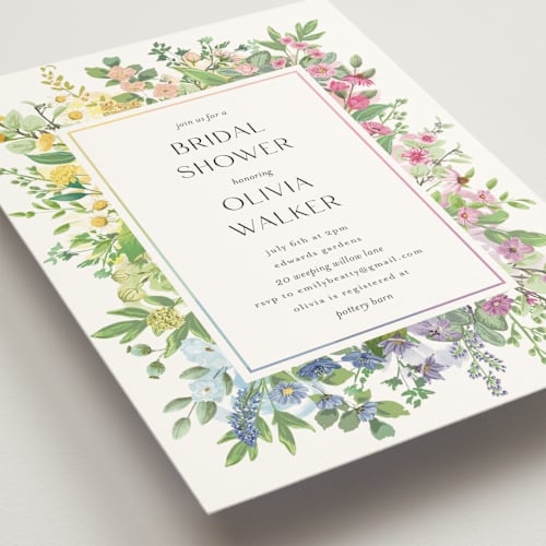 This is a cotton bridal shower invitations with standard by Susan Moyal called flower garden printing on signature in standard