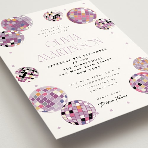 This is a bubblegum bridal shower invitations with standard by Corinne Malesic called disco fever printing on signature in standard