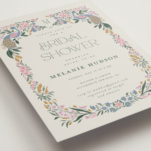 This is a peacock bridal shower invitations with standard by Vera Lim called paonne printing on signature in standard