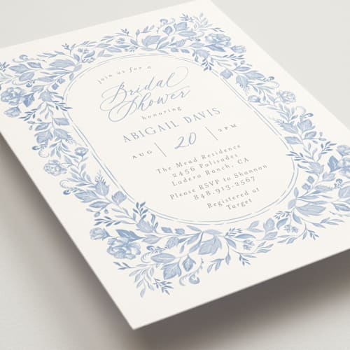 This is a periwinkle bridal shower invitations with standard by Joanna Griffin called french blue printing on signature in standard